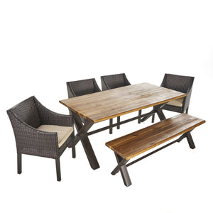 Helena Outdoor 6 Piece Teak Finished Acacia Wood Dining Set with Multibrown Wicker Dining Chairs with Beige Water Resistant Cushions Noble House