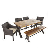 Helena Outdoor 6 Piece Teak Finished Acacia Wood Dining Set with Multibrown Wicker Dining Chairs with Beige Water Resistant Cushions
