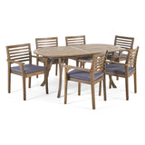 Casa Acacia Patio Dining Set, 6-Seater, 70" Oval Table with Carved Legs, Gray Finish, Dark Gray Outdoor Cushions Noble House