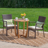 Sloane Outdoor 3 Piece Acacia Wood/ Wicker Bistro Set with Cushions, Teak Finish and Brown with Crème Noble House
