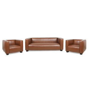 Goyette Contemporary Faux Leather 3 Piece Club Chair and Sofa Set, Cognac Brown and Dark Walnut Noble House