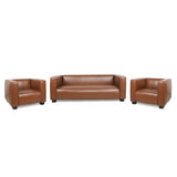 Goyette Contemporary Faux Leather 3 Piece Club Chair and Sofa Set, Cognac Brown and Dark Walnut