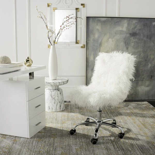 Safavieh Whitney Office Chair Faux Sheepskin Leg Swivel White Chrome Metal Electroplating Iron OCH4505A 889048294998