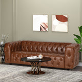 Sagewood Contemporary Faux Leather Tufted 3 Seater Sofa, Cognac Brown and Dark Brown Noble House