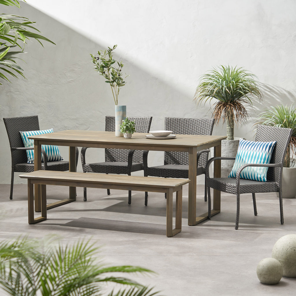 Noble House Nibley Outdoor Acacia Wood and Wicker 6 Piece Dining Set with Bench, Gray