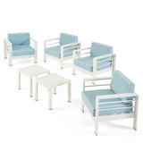 Noble House Cape Coral Outdoor 4 Seater  Club Chair and Table Set, White and Light Teal