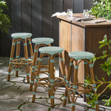 Noble House Starla Outdoor French Aluminum 29.5 Inch Barstools (Set of 4), Light Teal, White, and Bamboo Finish