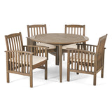 Casa Acacia Patio Dining Set, 4-Seater, 47" Round Table with Straight Legs, Gray Finish, Cream Outdoor Cushions Noble House