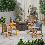 Breakwater Outdoor 5 Piece Wood and Wicker Club Chairs and Fire Pit Set, Gray and Brown