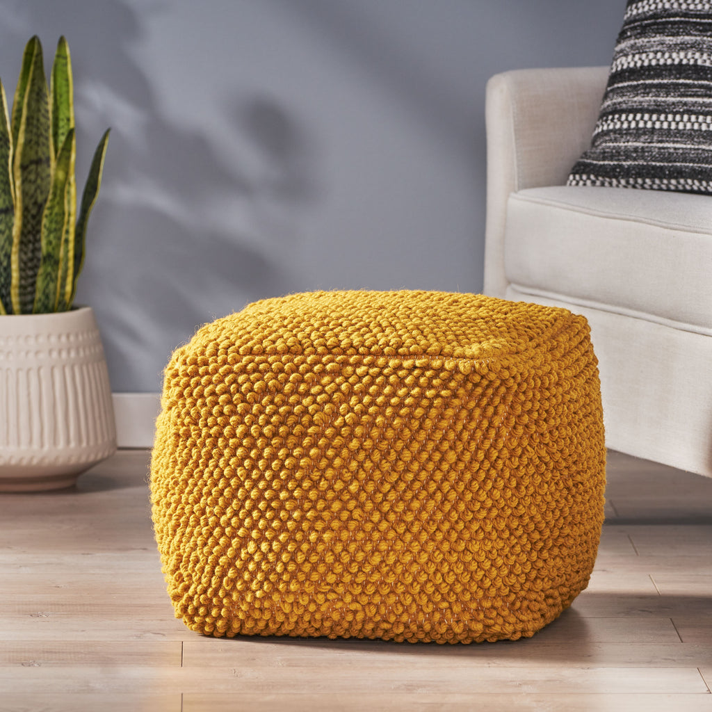 Stekar Boho Handcrafted Tufted Fabric Cube Pouf, Yellow Noble House