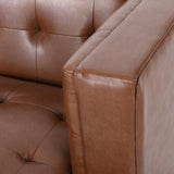 Raintree Mid Century Modern Faux Leather Tufted 3 Seater Sofa, Cognac Brown and Espresso Noble House