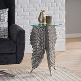 Joni Boho Glam Handcrafted Aluminum Fairy Wing Accent Table with Glass Top, Antique Nickel Noble House