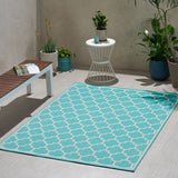 Noble House Ifran 5'3" x 7' Outdoor Area Rug, Teal and Ivory