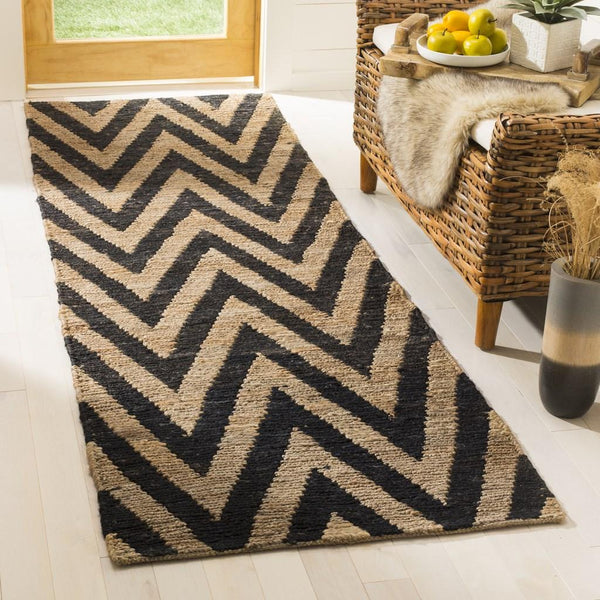 Organic Chevron  Hand Knotted Jute Pile Rug Black / Natural