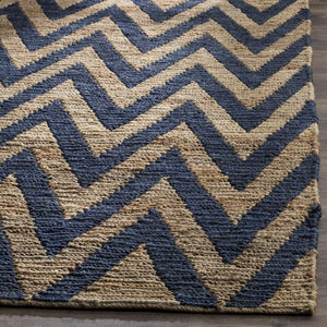 Organic Chevron  Hand Knotted Jute Pile Rug Blue / Natural