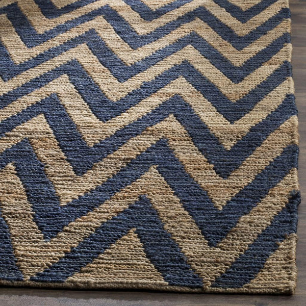 Organic Chevron  Hand Knotted Jute Pile Rug Blue / Natural