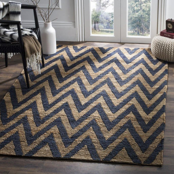 Organic Chevron  Hand Knotted Jute Pile Rug Blue / Natural
