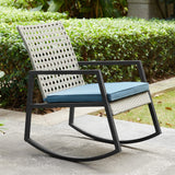 Walker Edison Modern Patio Rattan Rocking Chair - Light Grey/Blue in Resin Rattan, Powder Coated Metal And Uv Resistant Olefin Fabric Cushion ORLIZRC1GB 840035300740