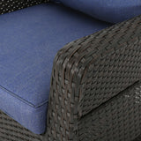 Liam Outdoor Dark Brown Wicker Swivel Club Chairs with Navy Blue Water Resistant Cushions Noble House