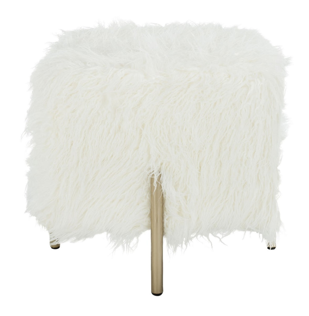 Safavieh Momina Ottoman Faux Fur Square White Brass Wood Plating MDF Fire Foam Metal Tube OTT6200A 889048441415