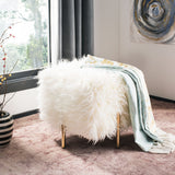 Safavieh Momina Ottoman Faux Fur Square White Brass Wood Plating MDF Fire Foam Metal Tube OTT6200A 889048441415