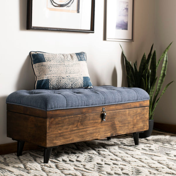 Safavieh Liam Tufted Cocktail Ottoman Navy / Dark Oak Fabric/Wood/Metal OTT6400B 889048574014