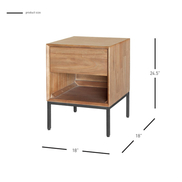 Hathaway 1-Drawer Night Stand - Rustic Modern Design in Solid Mindi Wood with Steel Legs, Fully Assembled
