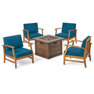 Havana Outdoor 4 Seater Teak Finished Acacia Wood Club Chairs with Blue Water Resistant Cushions and Brown Fire Pit Noble House