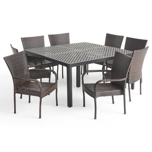 Bullpond Outdoor Aluminum and Wicker 8 Seater Dining Set with Stacking Chairs, Matte Black and Multibrown Noble House