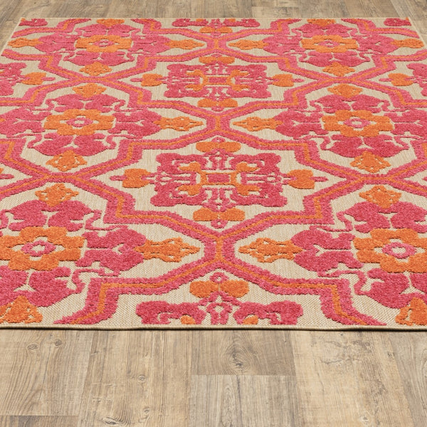 Oriental Weavers Cayman 2541V Bohemian/Global Geometric Polypropylene Indoor/Outdoor Area Rug Sand/ Pink 9'10" x 12'10" C2541V300390ST