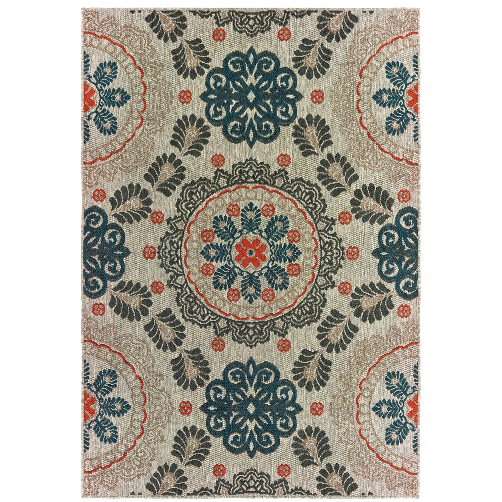 Oriental Weavers Latitude 1903W Global/Transitional Floral Polypropylene Indoor/Outdoor Area Rug Grey/ Teal 9'10" x 12'10" L1903W300390ST