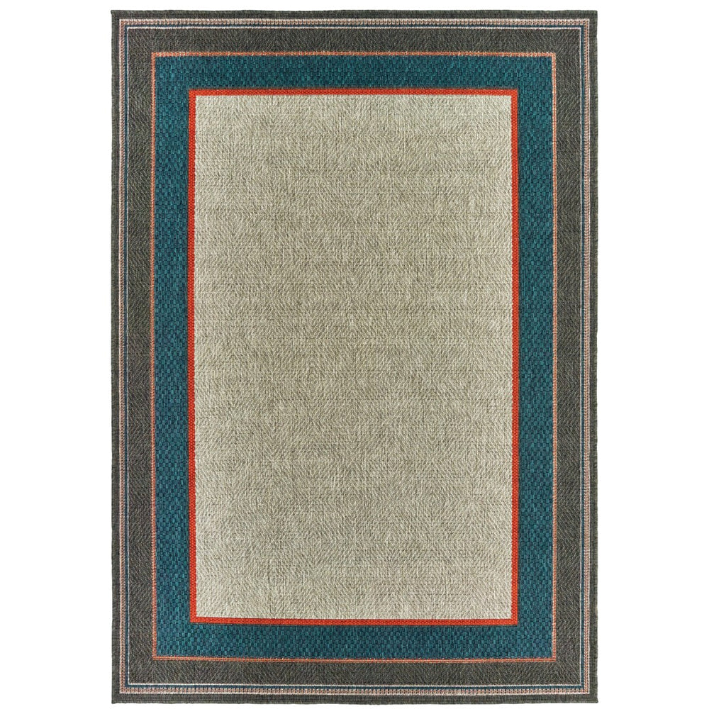 Oriental Weavers Latitude 8021L Global/Casual Border Polypropylene Indoor/Outdoor Area Rug Grey/ Teal 9'10" x 12'10" L8021L300390ST