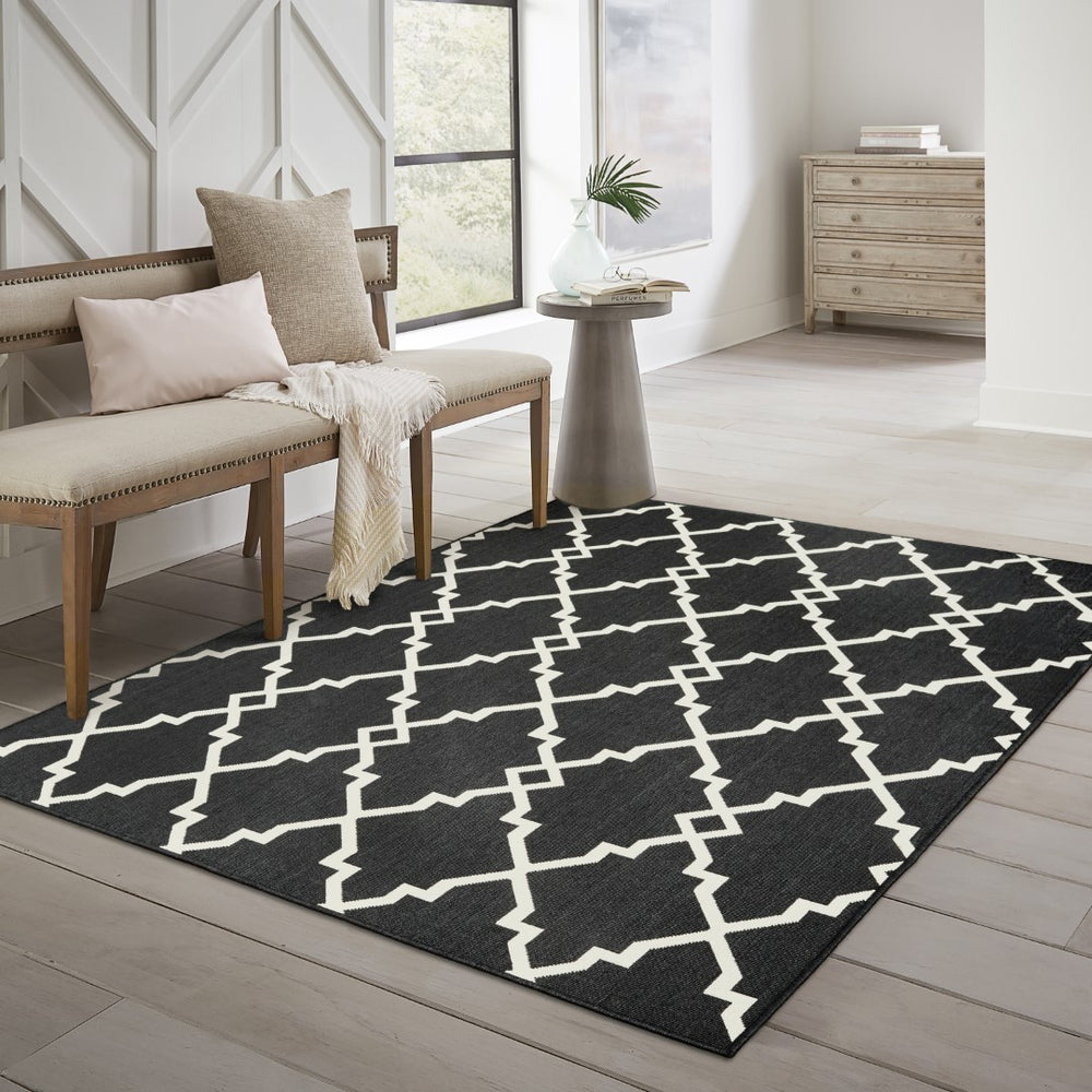 Oriental Weavers Marina 7763K Moroccan/Global Geometric Polypropylene Indoor/Outdoor Area Rug Black/ Ivory 8'6" x 13' M7763K259396ST