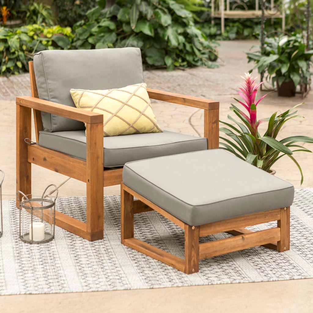 Walker Edison Modern Patio Chair and Ottoman - Brown in Acacia Wood, Polyester OWOSCHOTBR 842158132420