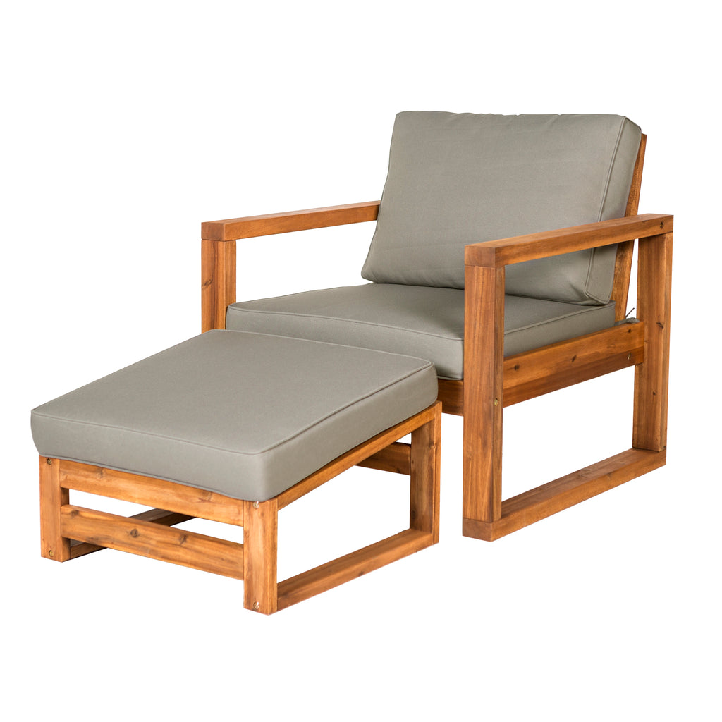 Walker Edison Modern Patio Chair and Ottoman - Brown in Acacia Wood, Polyester OWOSCHOTBR 842158132420