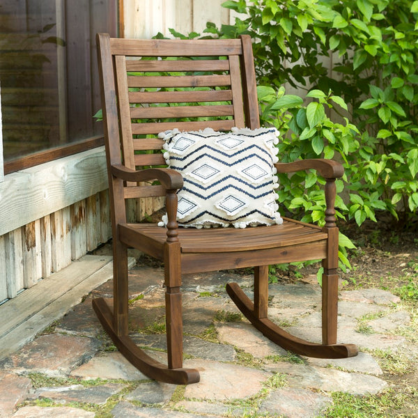 Walker Edison Solid Acacia Wood Outdoor Patio Rocking Chair - Dark Brown in Solid Acacia Wood OWRCDB 842158103703