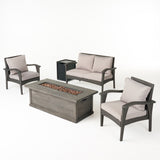 Noble House St. Lucia Outdoor 4 Seater Wicker Chat Set with Fire Pit, Gray and Silver and Black