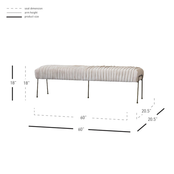 Merritt Velvet Pleated Bench in Dulce Sand - Luxurious Design with Deep Bronze Legs, Fully Assembled