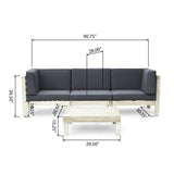 Brava Outdoor Modular Acacia Wood Sofa and Coffee Table Set with Cushions, Weathered Gray and Dark Gray Noble House