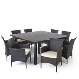Aristo Outdoor 9 Piece Multibrown Wicker Square Dining Set with Beige Water Resistant Cushions Noble House