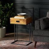 Duso Modern Industrial Handmade Mango Wood C-Shaped Side Table with Drawer, Natural and Gray Noble House