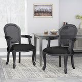 Mina French Country Wood and Cane Upholstered Dining Chair, Black and Gray Noble House