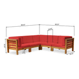 Noble House Oana Outdoor V-Shaped Sectional Sofa Set - 5-Seater - Acacia Wood - Outdoor Cushions - Teak and Red
