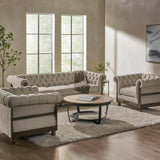 Voll Chesterfield Fabric Tufted 3 Piece Living Room Set with Nailhead Trim, Beige and Dark Brown Noble House