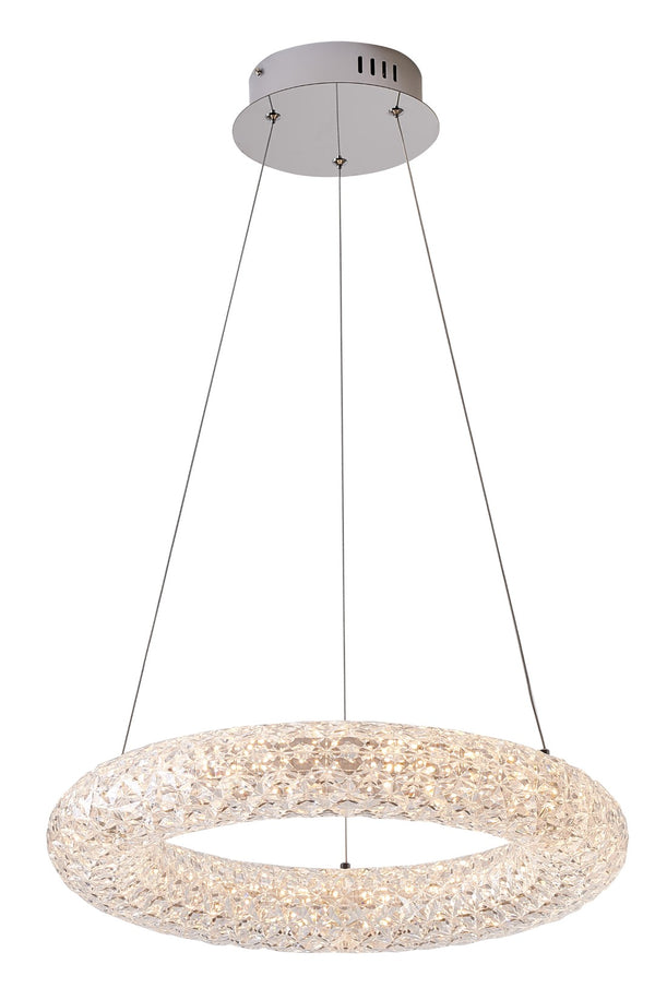 Bethel LED Chrome Chandelier with Adjustable Cord, Aluminum & Acrylic Halo Design, 3000K Warm Glow