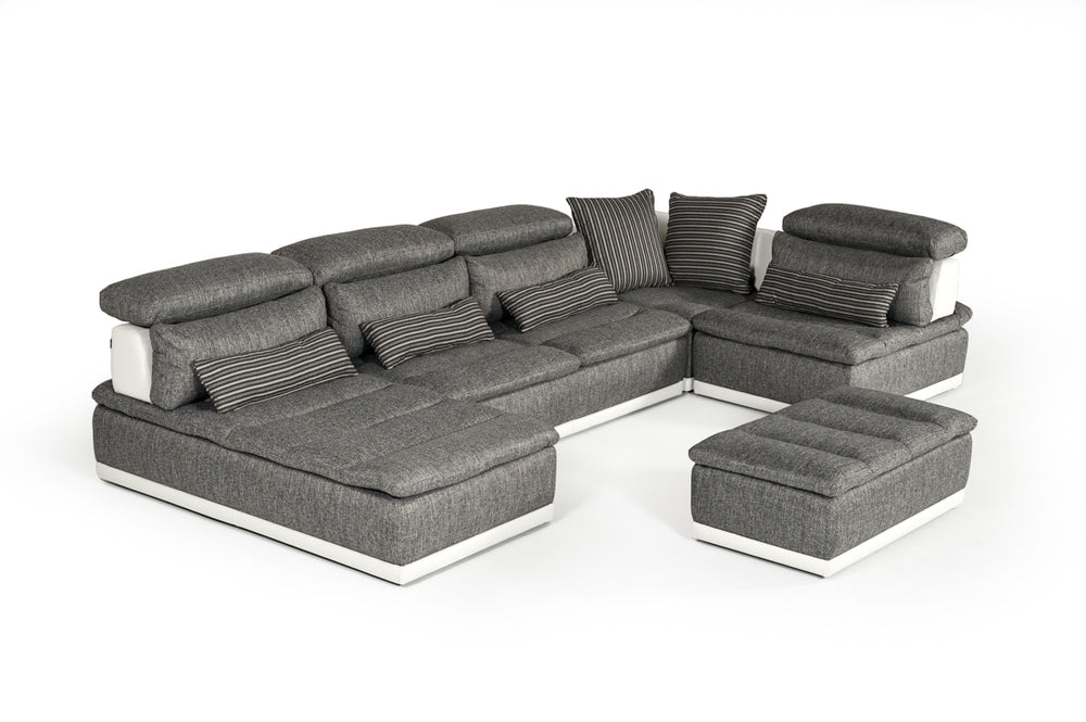 VIG Furniture David Ferrari Panorama - Italian Modern Grey Fabric + White Leather Modular Sectional Sofa VGFTPANORAMA-GRYWHT-2