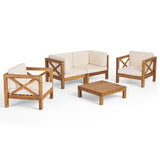 Noble House Brava Outdoor 4 Seater Acacia Wood Loveseat Chat Set, Teak Finish and Beige