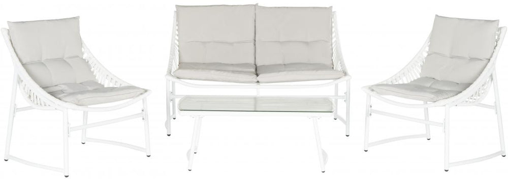 Safavieh Berkane Outdoor Set 4 Piece White Grey Black Silver Rattan PE Rattan Polyester Foam Galvanized Steel PAT2009A 683726826903