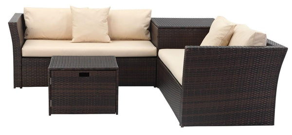 Safavieh Welch Living Sectional Set with Storage Outdoor Brown Beige Rattan PE Rattan Polyester Foam PAT2513A 889048365780