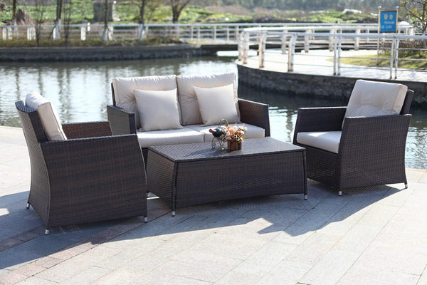 Safavieh Parry Outdoor Living Set 4 Piece Brown Beige Rattan PE Rattan Polyester Foam PAT2514A 889048365735